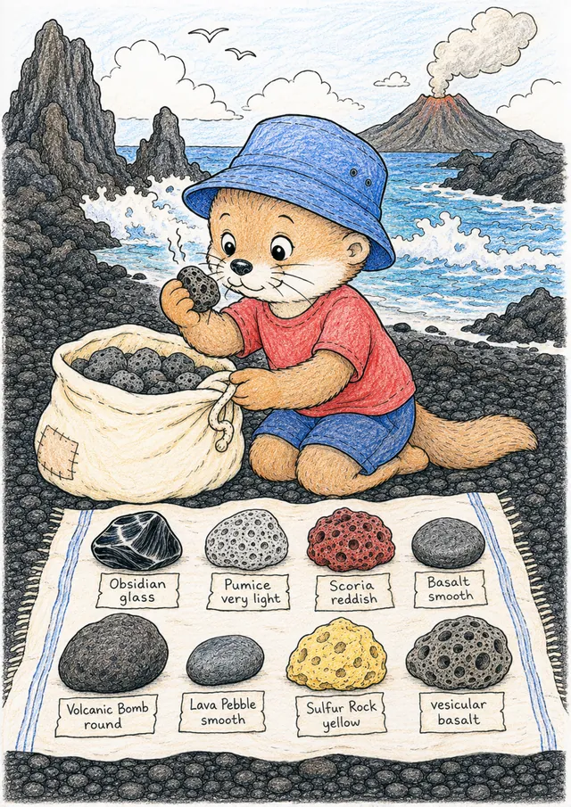 Ausmalbild: Tier-Kind sortiert Obsidian, Bimsstein und Schlacke-Steine auf einem schwarzen Lavasandstrand