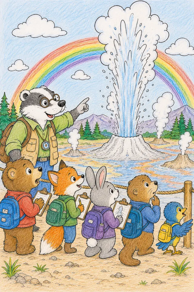 Ausmalbild: Gruppe von Tier-Schulkindern bestaunt von sicherem Abstand einen ausbrechenden Geysir