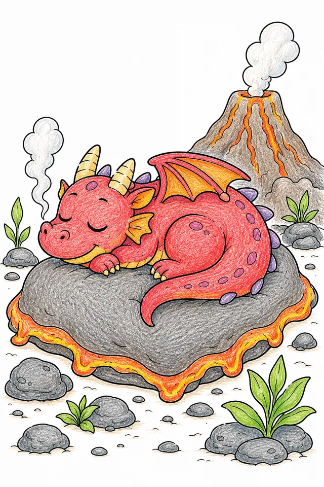 Ausmalbild: Kleiner runder Drache schläft zufrieden auf einem erkaltenden Lavafelsen