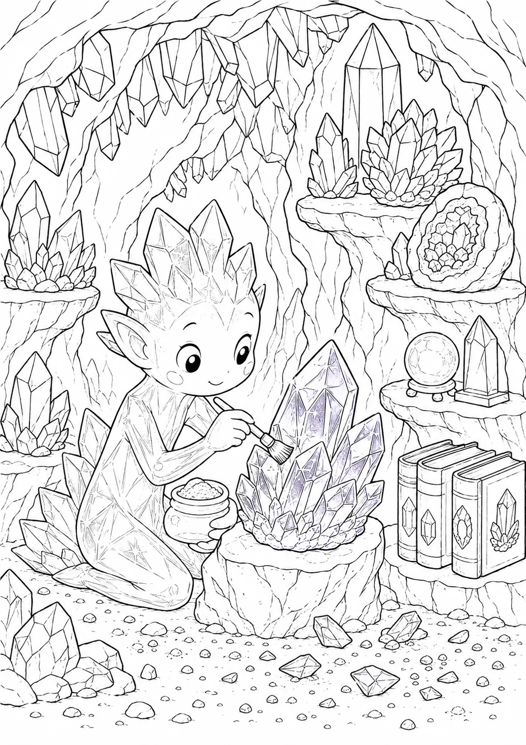 涂色页：半透明水晶精灵在有彩虹光的水晶壁洞穴中抛光紫水晶