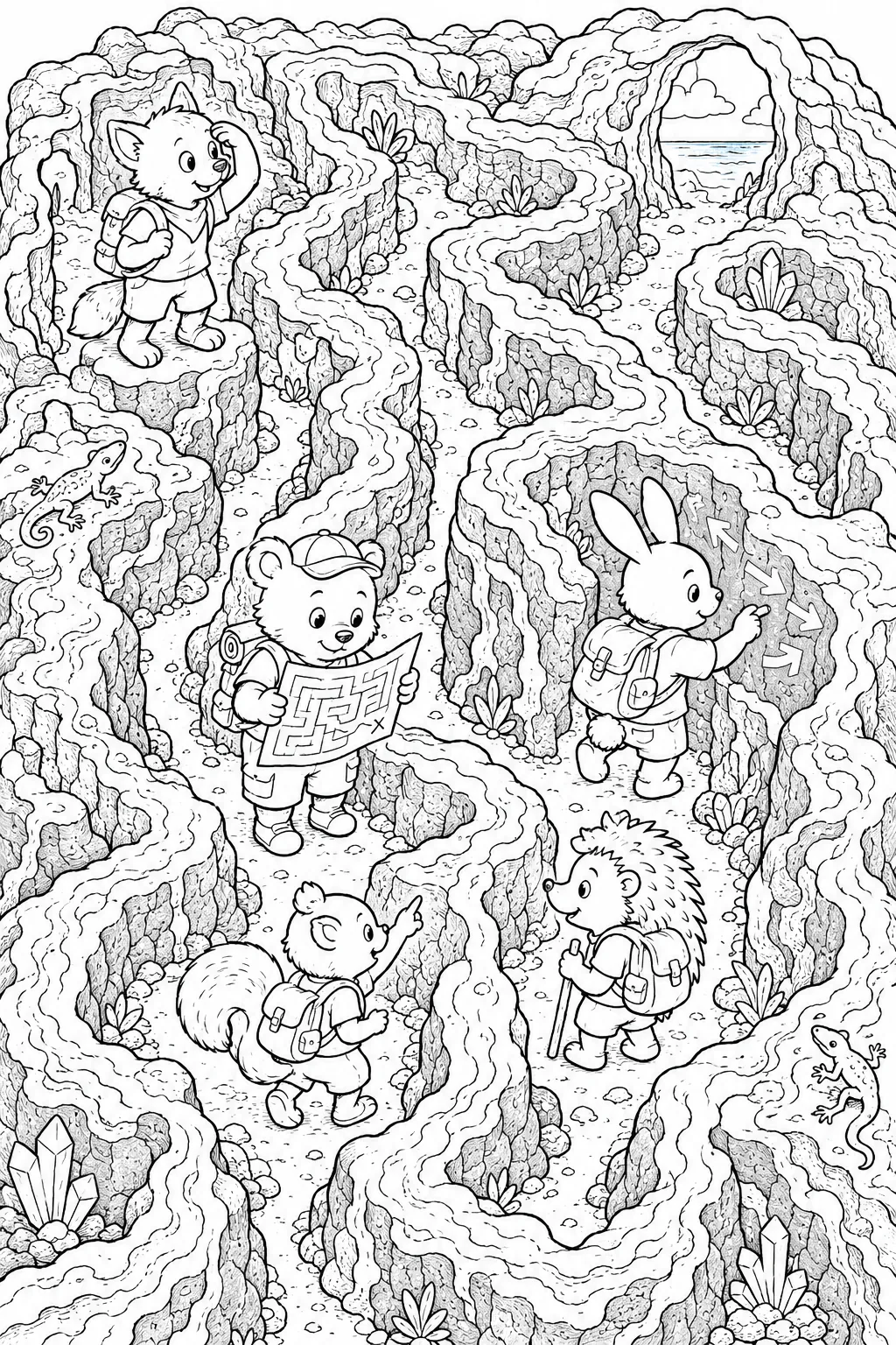 Ausmalbild: Tier-Kinder-Gruppe navigiert gemeinsam durch natürliches Lava-Labyrinth mit Karte