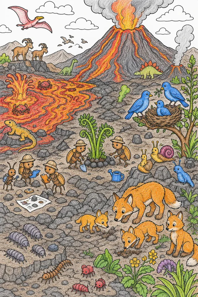 Wimmelbild-Ausmalbild: Frische Vulkanlandschaft mit Dutzenden von Tieren die als erste die Lavawelt besiedeln