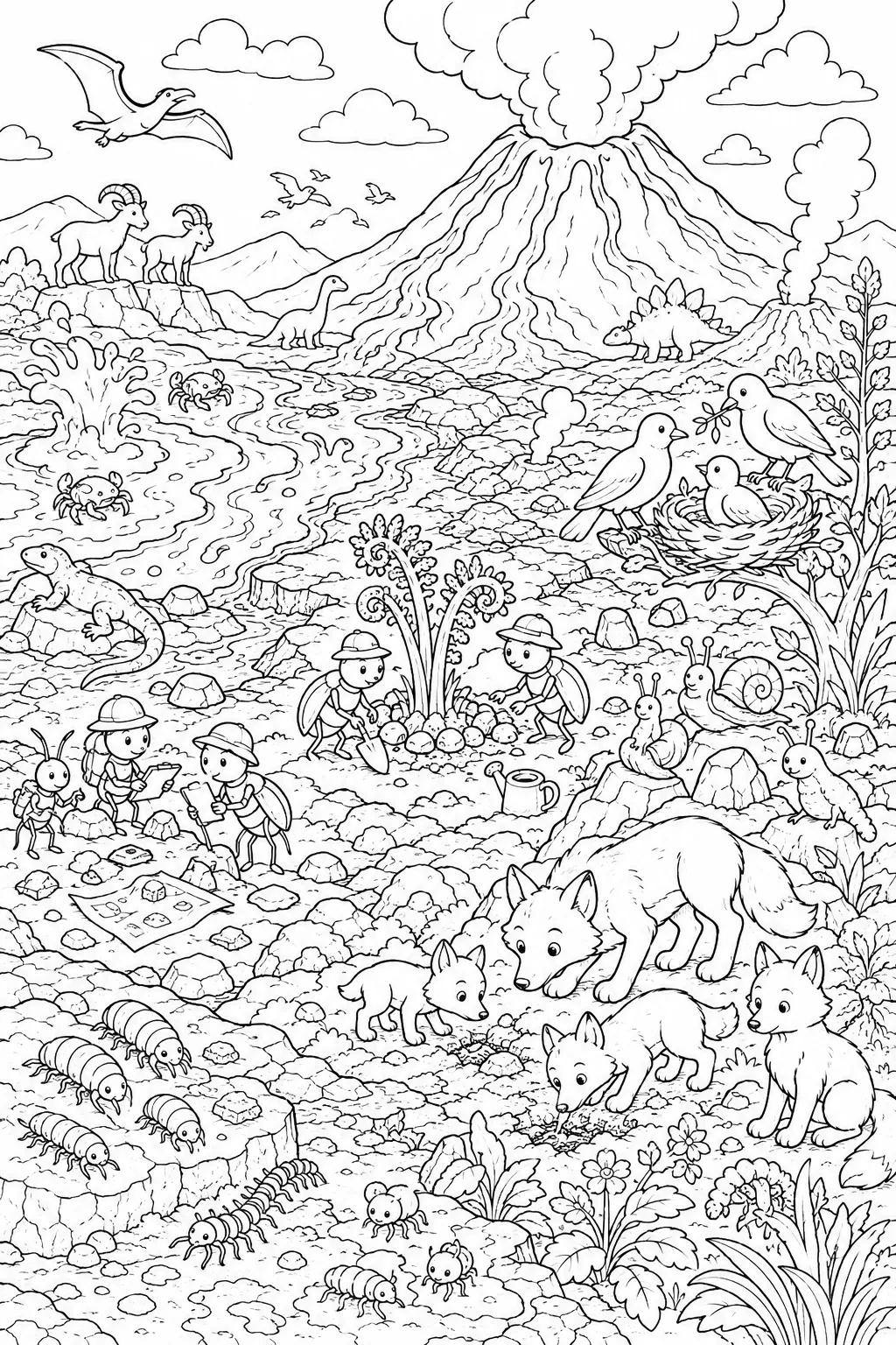 Wimmelbild-Ausmalbild: Frische Vulkanlandschaft mit Dutzenden von Tieren die als erste die Lavawelt besiedeln