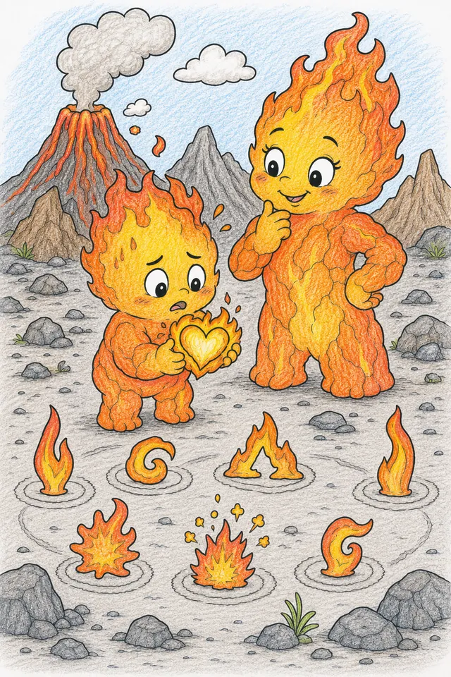 Ausmalbild: Kleines Lavageist-Kind macht beim Feuer-Üben versehentlich ein Herz statt der richtigen Form