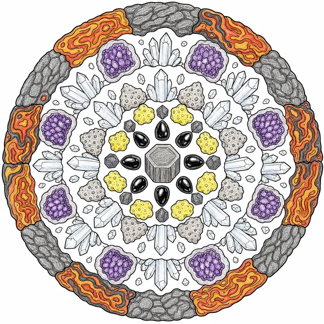 涂色页：中心为玄武岩，周围有黑曜石、石英和紫水晶的圆形矿物曼陀罗