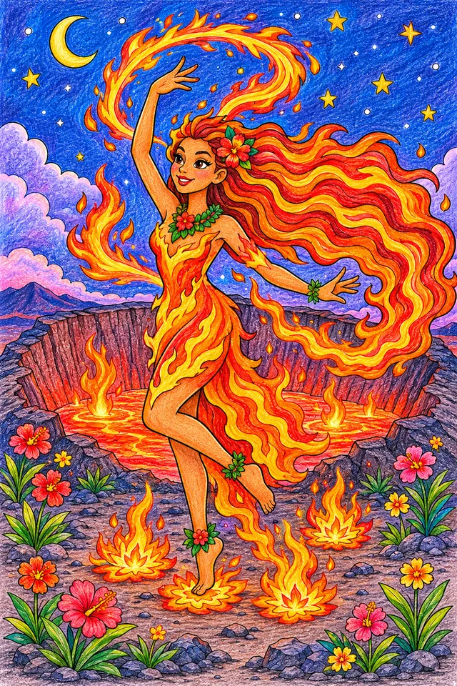 Hawaiianische Pele-Göttin tanzt Feuer – So könnte es aussehen