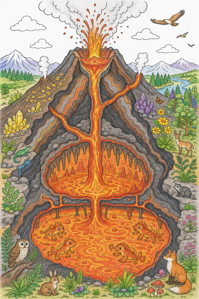 涂色页：从岩浆室到火山口的完整火山横截面，包含所有生物