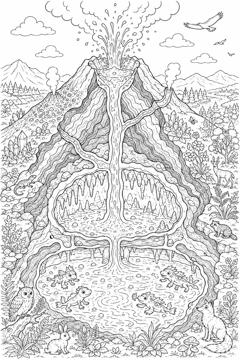 涂色页：从岩浆室到火山口的完整火山横截面，包含所有生物
