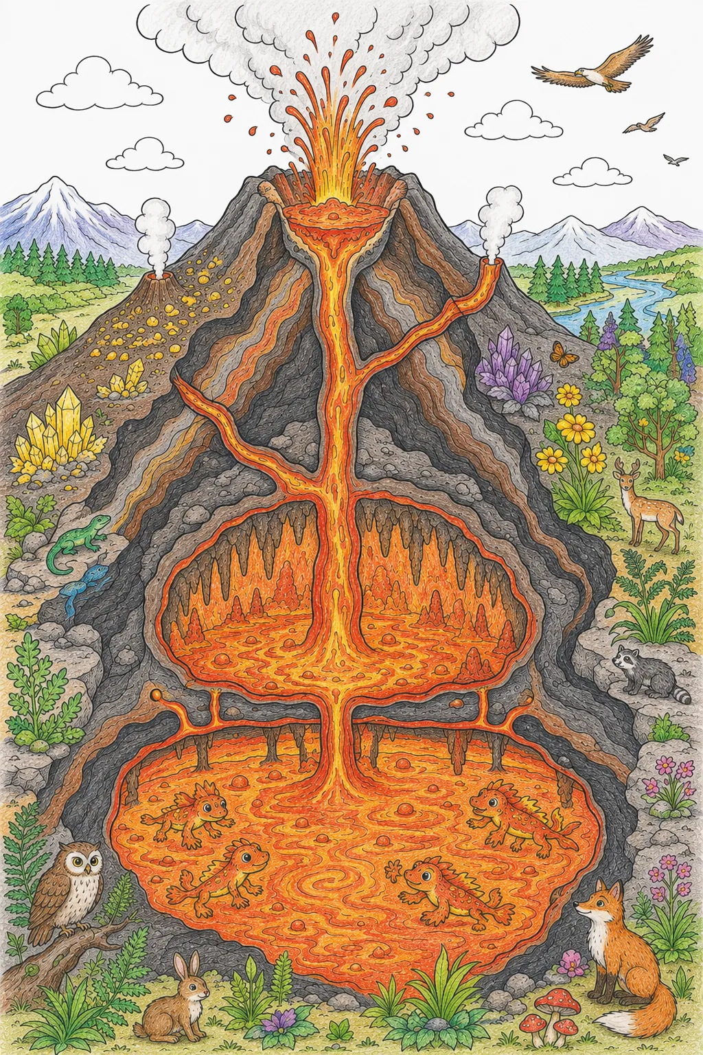 有岩浆室的火山横截面