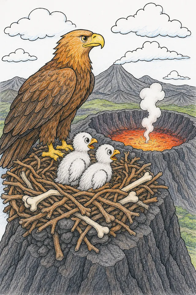 Ausmalbild: Steinadler thront auf massivem Horst am Rand eines leuchtenden Vulkankraters