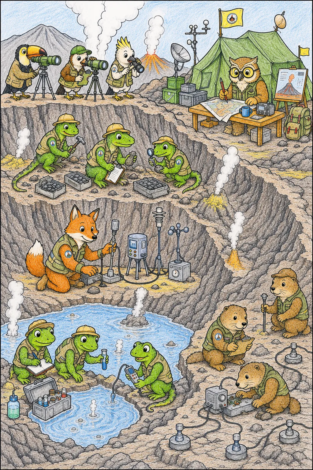 有动物研究员的火山口寻找图
