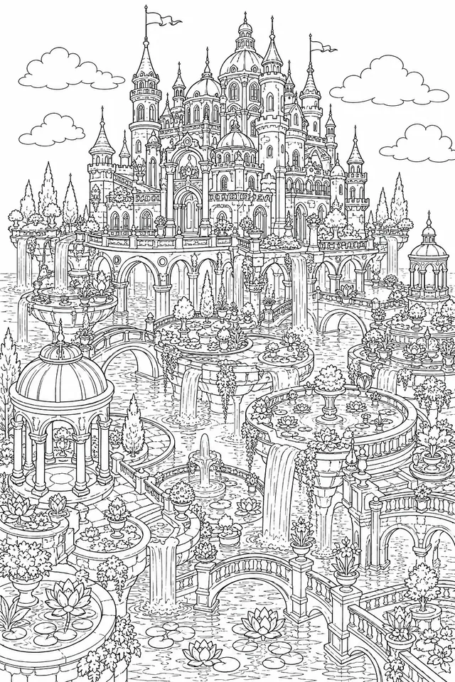 Wasserschloss mit schwebenden Wassergärten