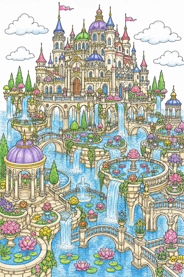 Ausmalseite eines Wasserschlosses auf Steinbögen umgeben von mehreren Ebenen schwebender Wassergärten