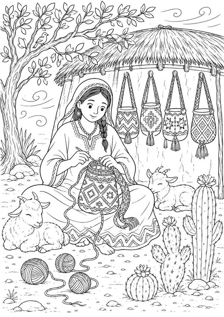 瓦尤女子在茅屋前钩织莫奇拉，墙上四只成品