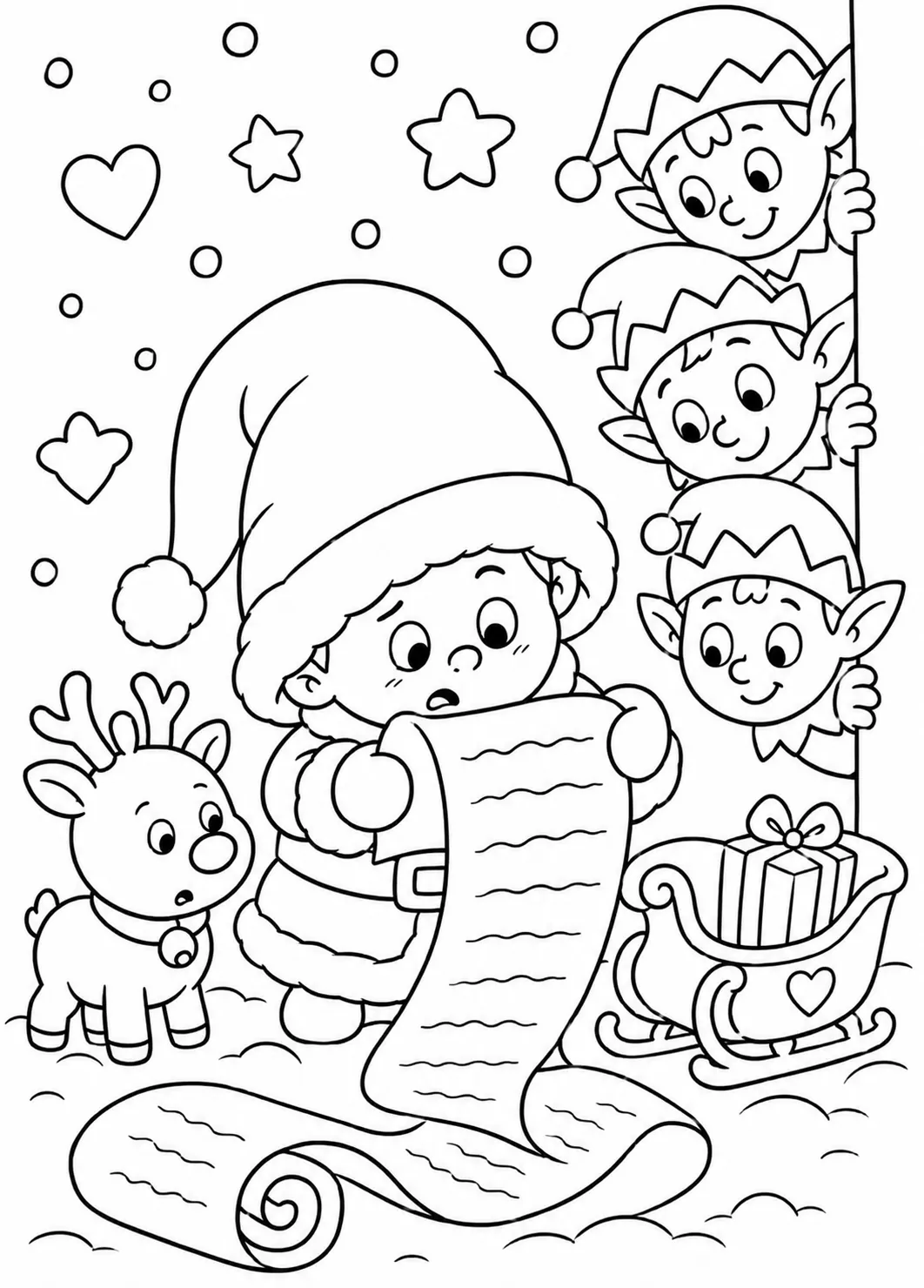 Winziger Baby-Weihnachtsmann im zu großen Anzug studiert seine Liste