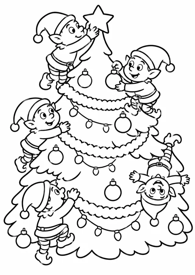 Los elfos suben por el árbol de Navidad