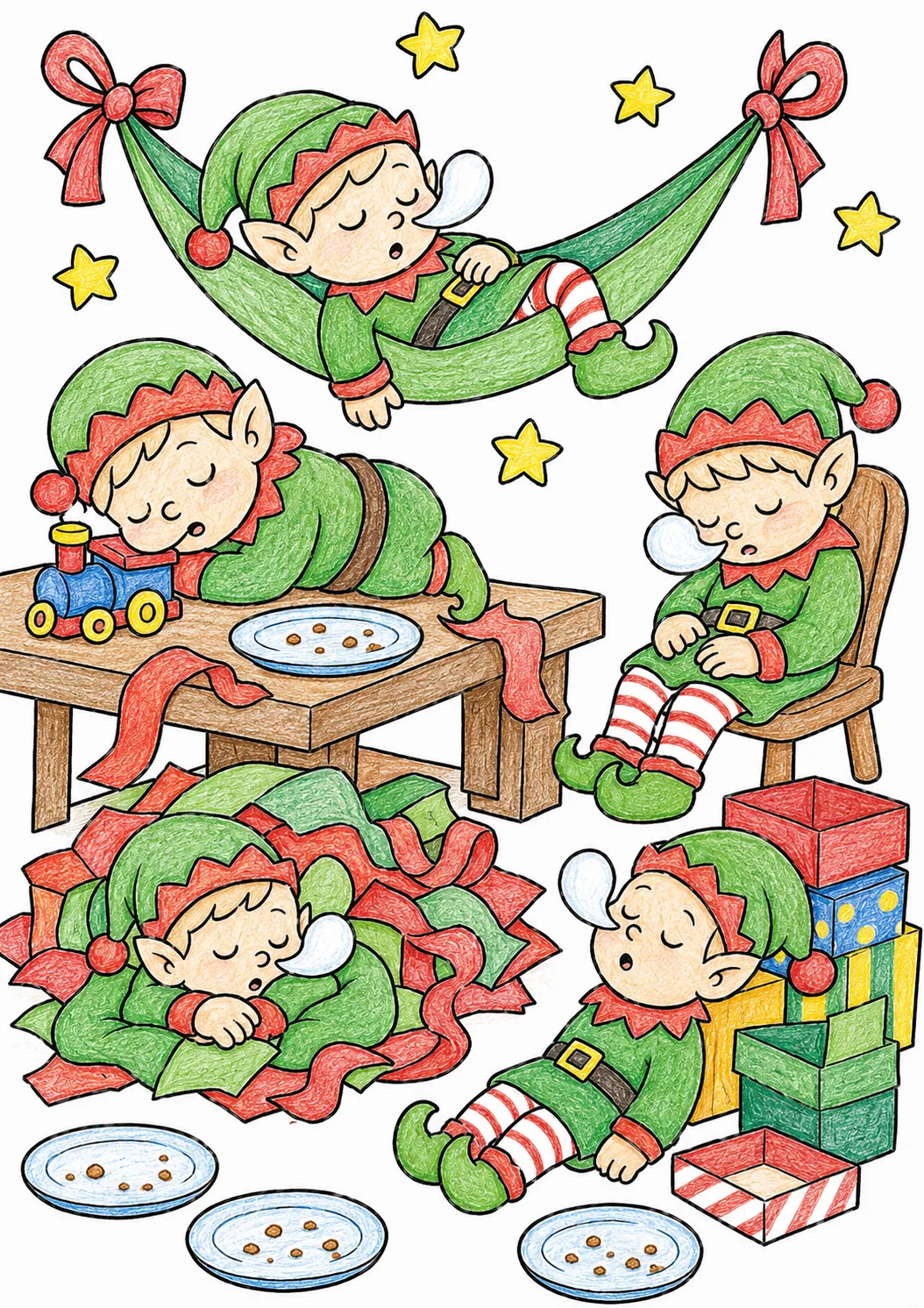 Los elfos agotados duermen después de Navidad