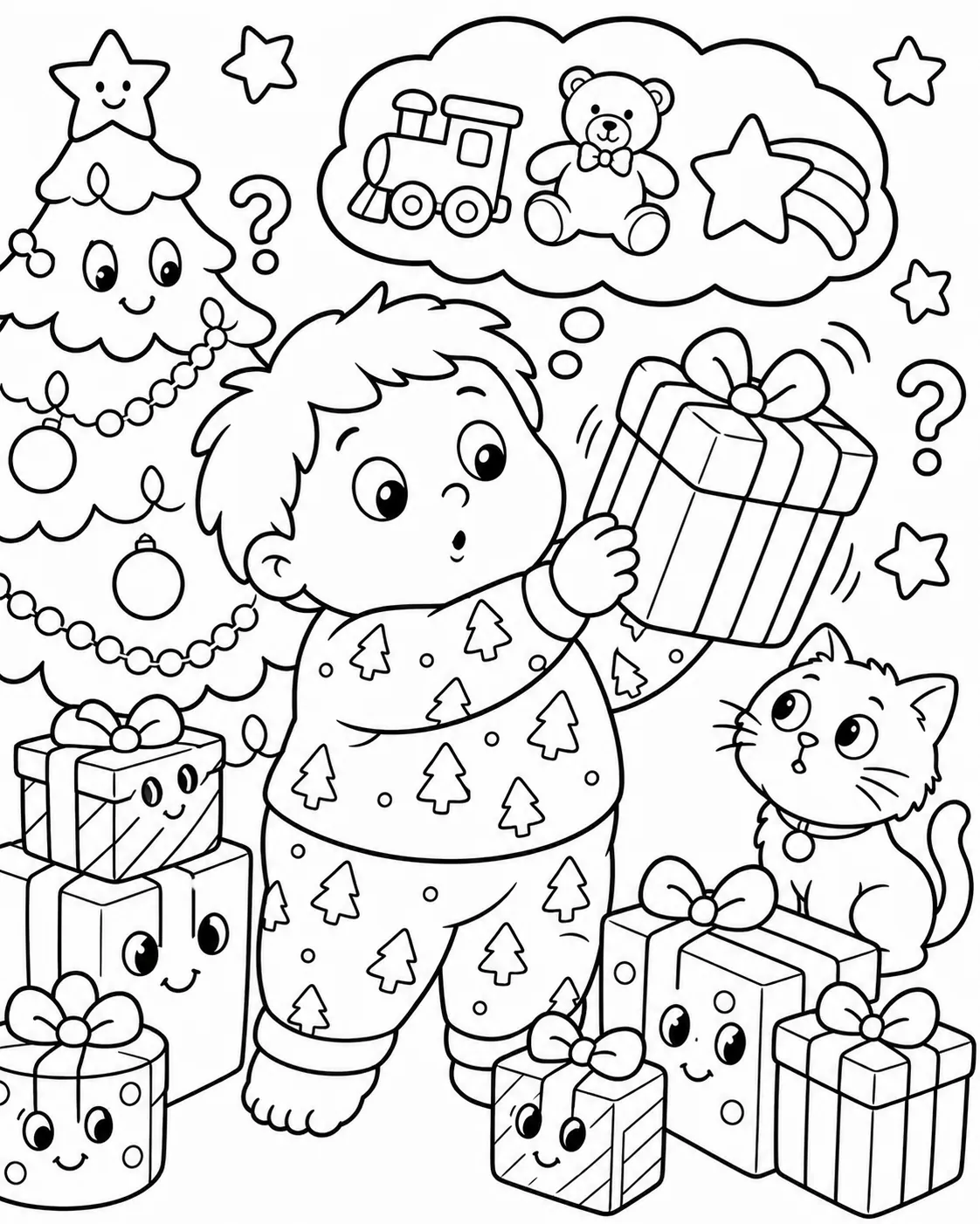 Rundes Kind schüttelt neugierig ein großes Weihnachtsgeschenk
