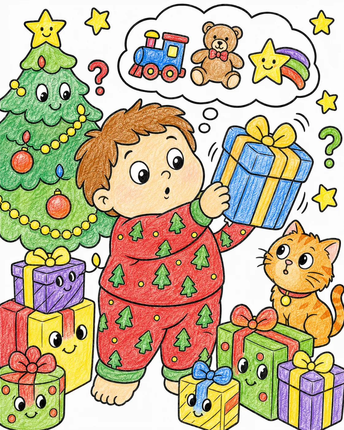 Das Kind schüttelt die Weihnachtsgeschenke