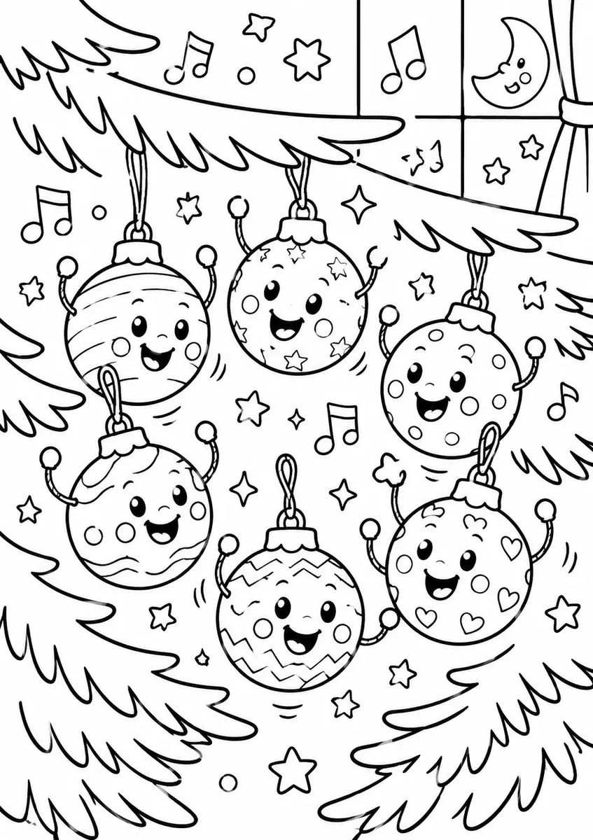 Sechs Weihnachtskugeln tanzen lebendig bei Nacht in einem Kreis