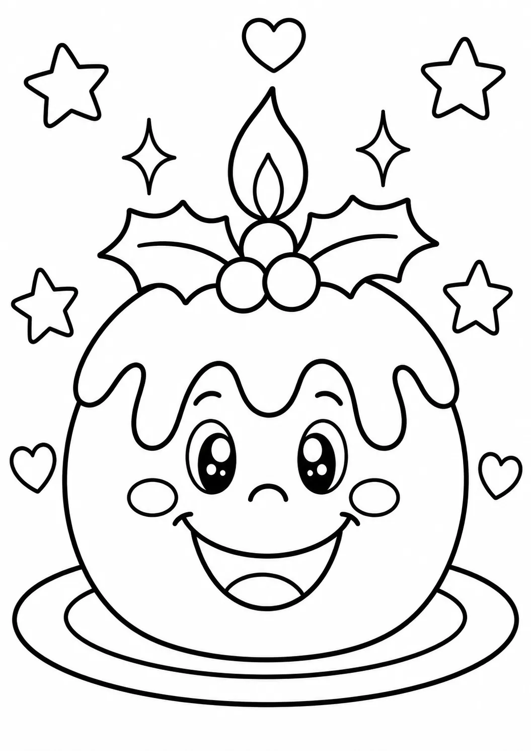 Runder Weihnachtspudding mit Zuckerguss und großem stolzen Smiley-Gesicht