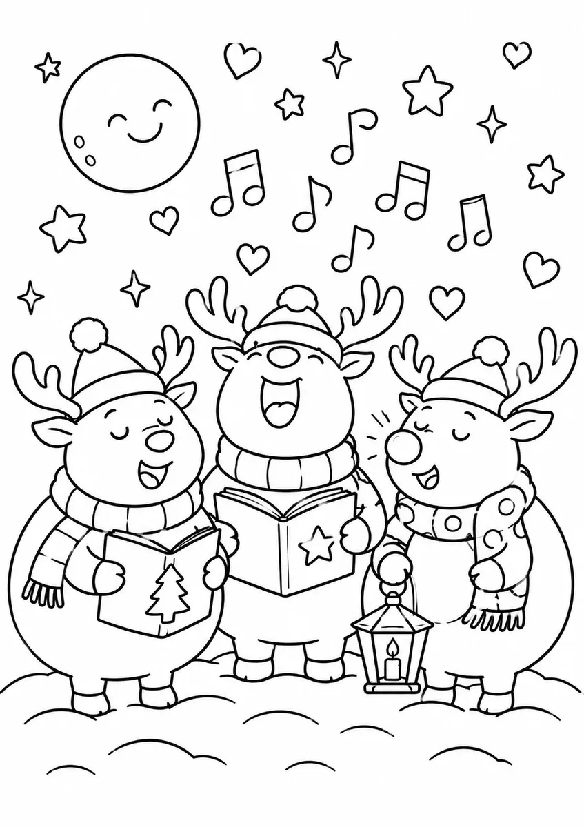 Drei runde Rentiere singen gemeinsam Weihnachtslieder im Schnee