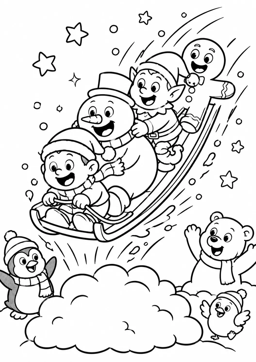 四个圣诞人物一起乘雪橇下雪坡