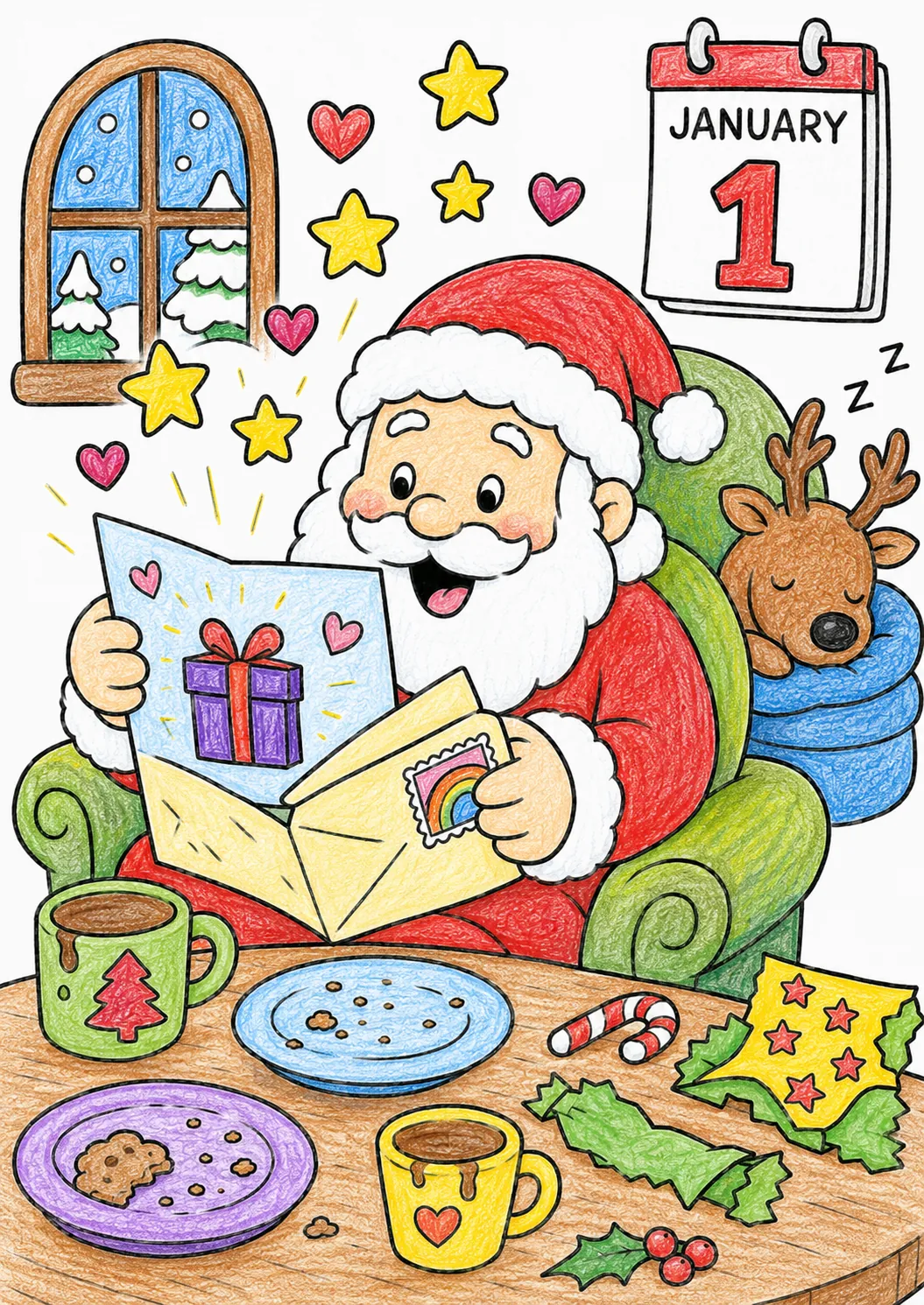Der Weihnachtsmann öffnet den ersten Brief des neuen Jahres