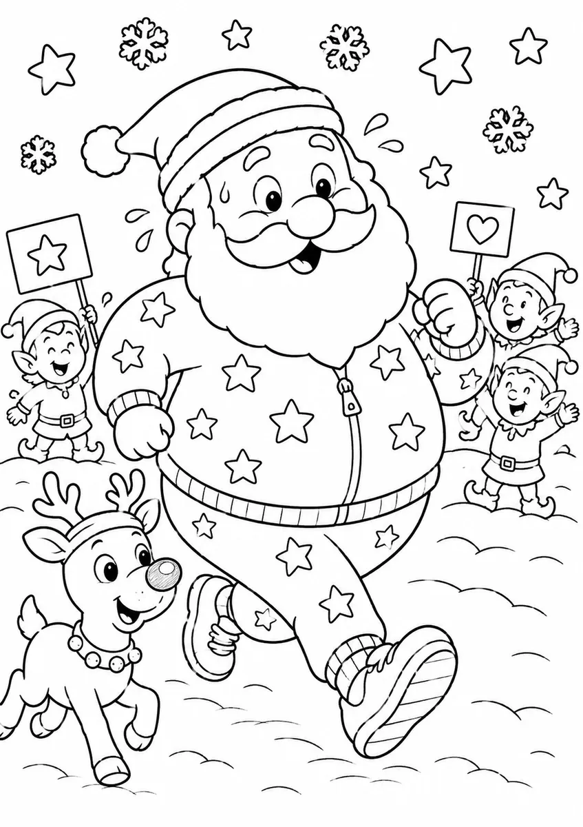 Runder Weihnachtsmann joggt mit wackelndem Bauch über den Nordpol