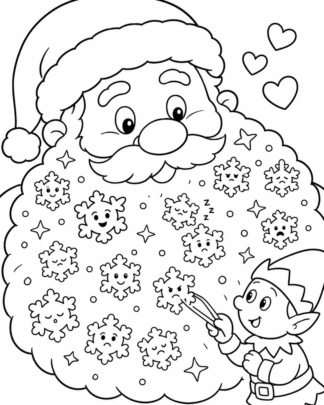 Weihnachtsmanns riesiger weißer Bart ist voller Schneeflocken mit kleinen Gesichtern
