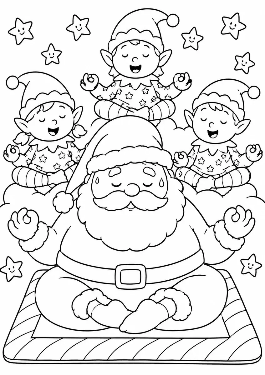Runder Weihnachtsmann versucht Yoga mit seinem großen runden Bauch