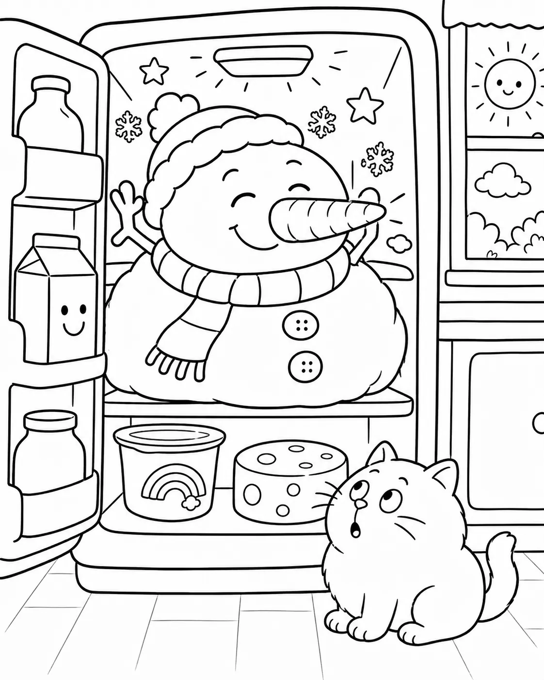 Runder Schneemann quetscht sich in einen Kühlschrank um kühl zu bleiben
