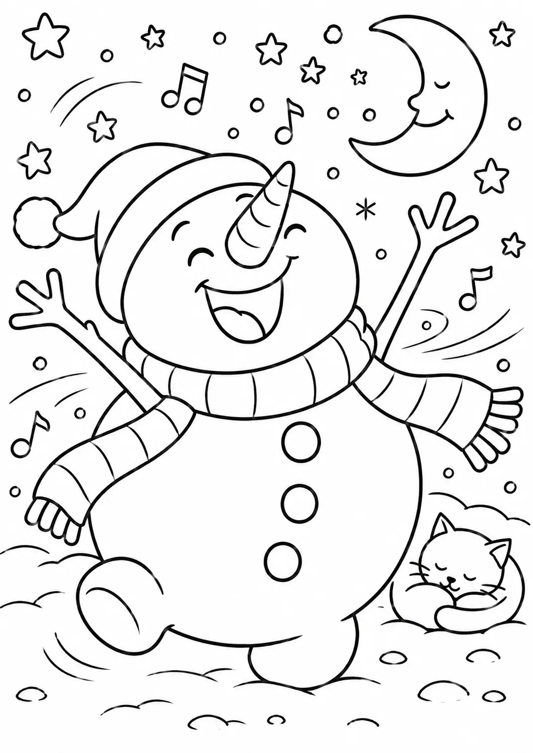 Runder Schneemann tanzt fröhlich alleine in einer verschneiten Nacht