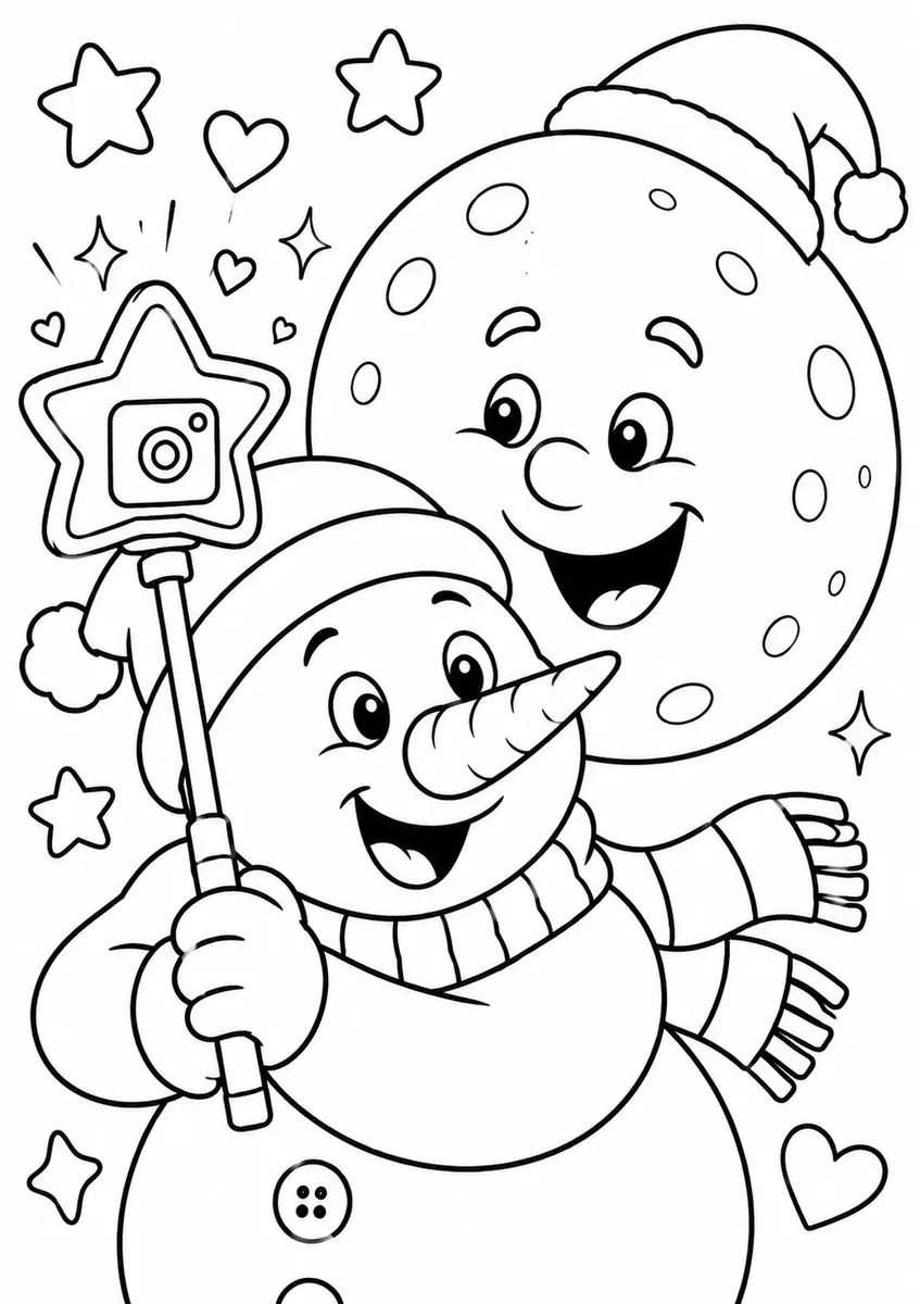 Runder Schneemann macht ein Selfie mit dem lächelnden Vollmond