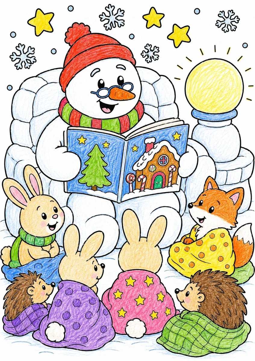 Der Schneemann liest Weihnachtsmärchen vor