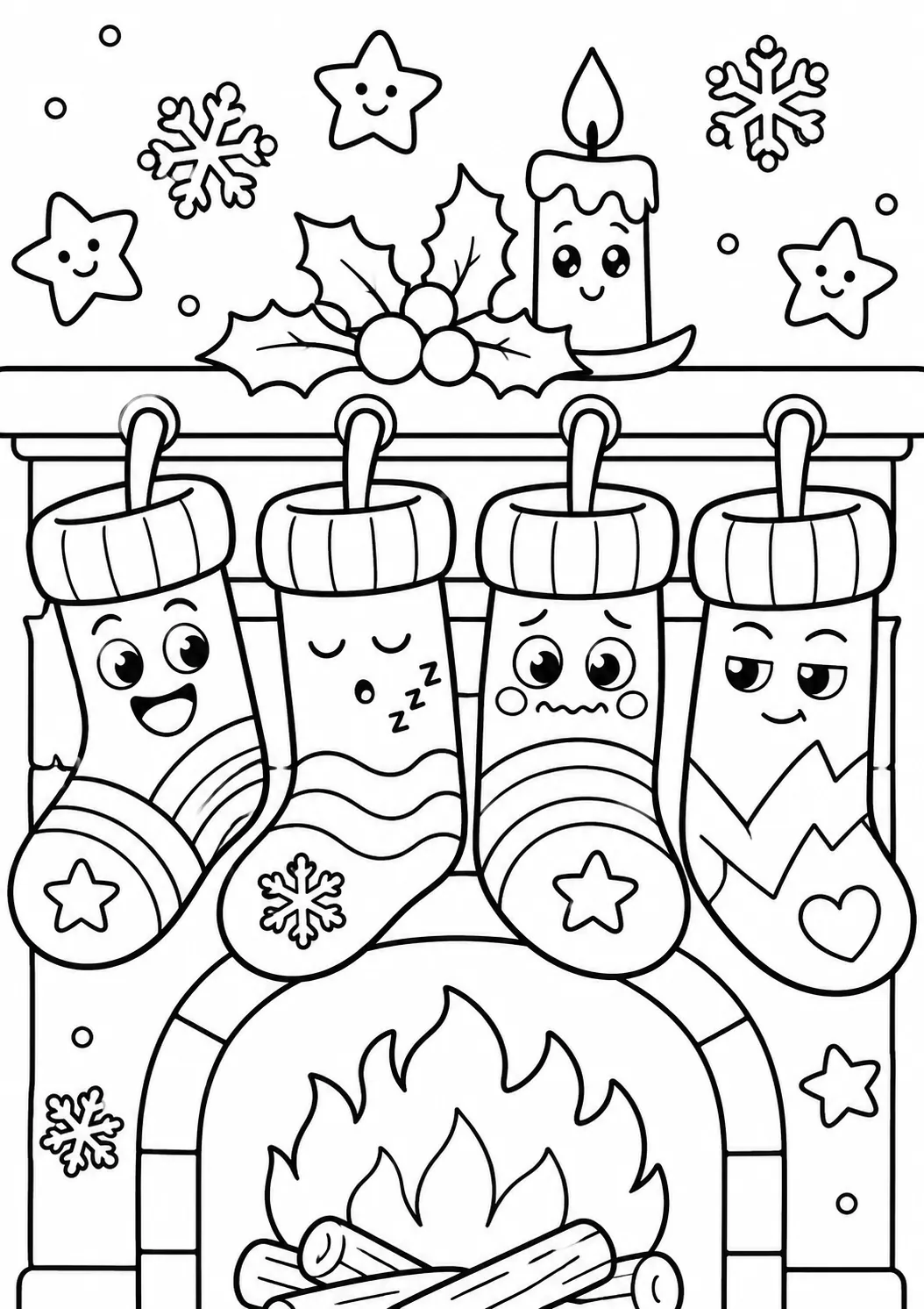 Vier Weihnachtssocken mit verschiedenen Gesichtern hängen am Kamin