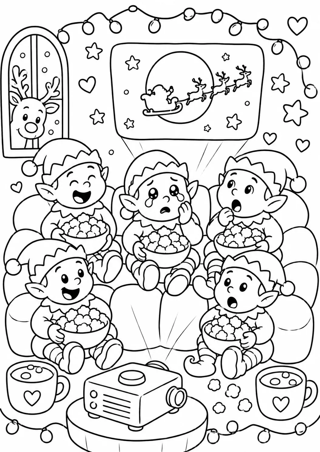 Five elves cosily watch a Christmas film on a sofa