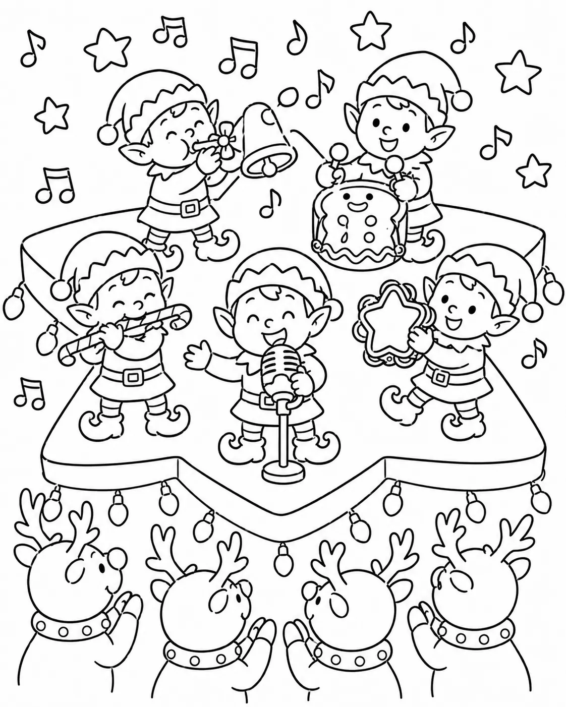 Fünf kleine Wichtel-Elfen spielen ein Weihnachtskonzert auf einer Sternbühne