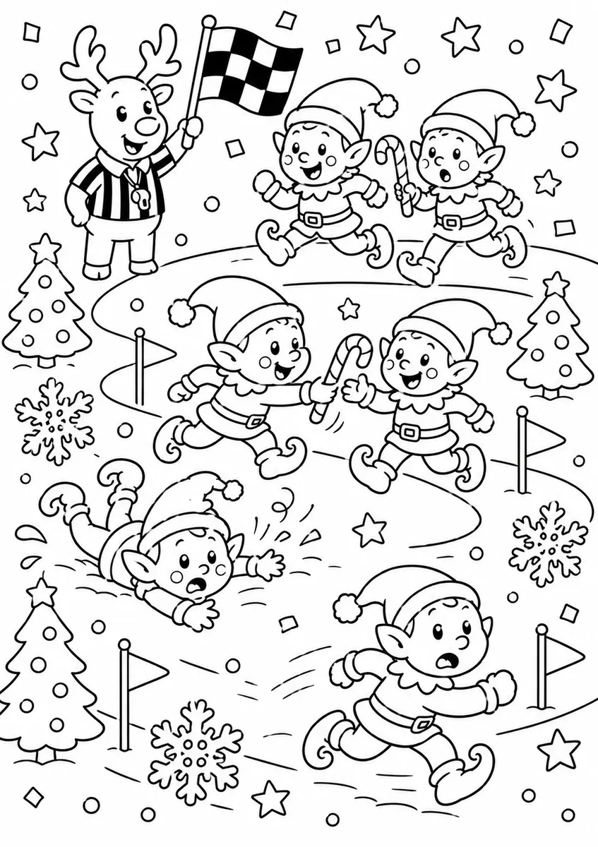 Vier Teams Wichtel-Elfen laufen ein wildes Staffelrennen im Schnee