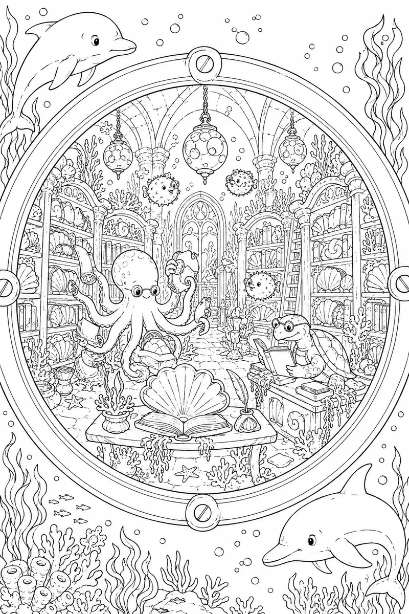 Blick durch ein Bullauge in eine Unterwasser-Bibliothek mit Krake und Schildkröten
