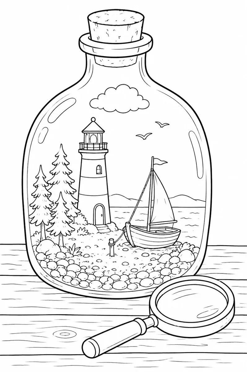 Ausmalbild einer Glasflasche, in der eine kleine Welt mit Leuchtturm und Strand lebt