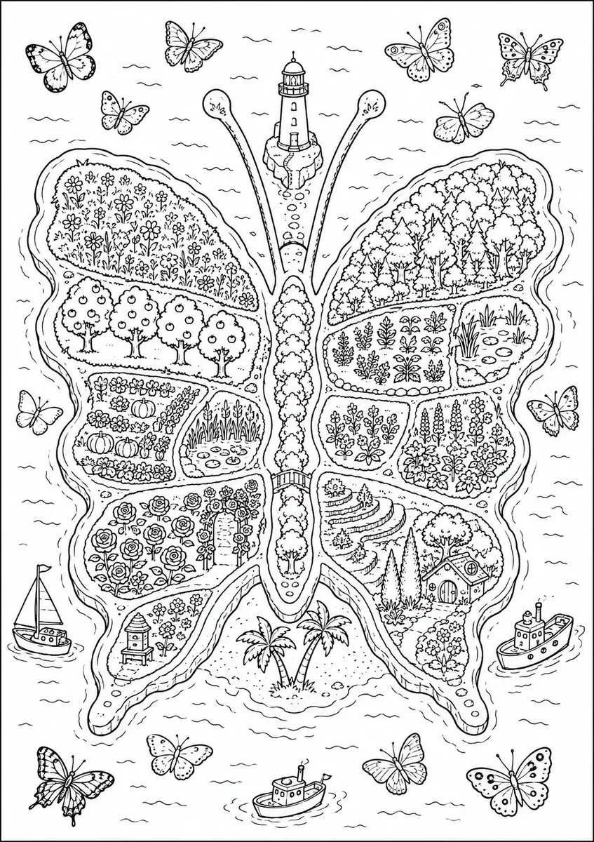 Vogelperspektive auf eine Insel in Form eines Riesenschmetterlings, unterteilt in zwölf verschiedene Landschafts-Mosaike