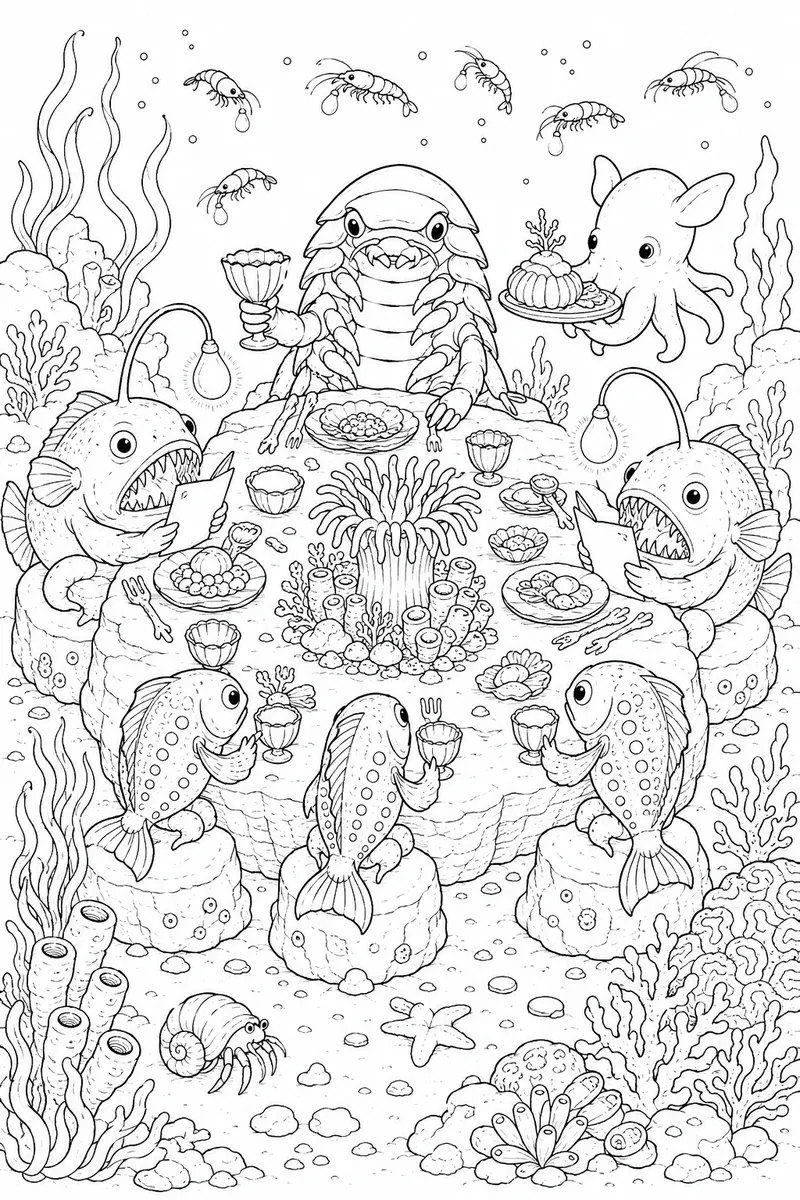 Ausmalbild eines Tiefseefestmahls mit Laternenfischen und anderen Tiefseewesen