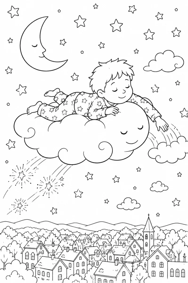 Ausmalbild eines Kindes im Pyjama, das auf einer Wolke durch den Nachthimmel reitet