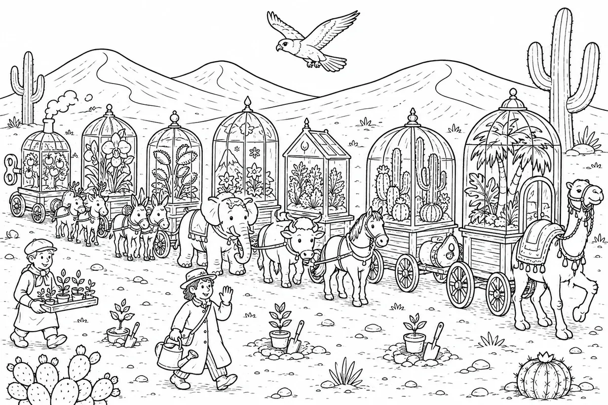 Sieben Glashaus-Wagen mit verschiedenen Klimazonen ziehen in einer Karawane durch eine Wüstenlandschaft