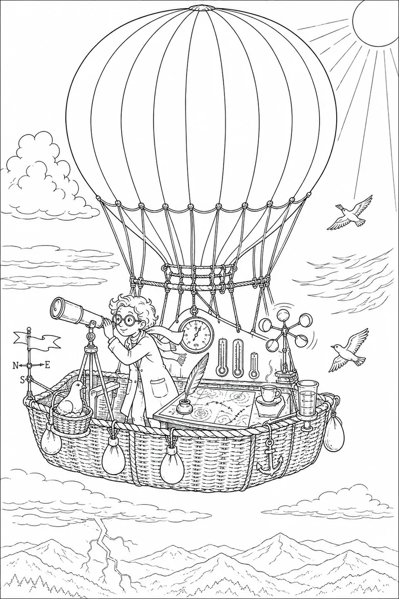Heißluftballon mit Wetterstation in der Gondel, Forscherin und Anemometer, mit Wolken im Hintergrund