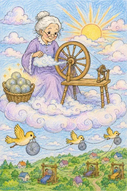 Ausmalbild einer alten Frau auf einer Wolke, die Wolken zu Garn spinnt