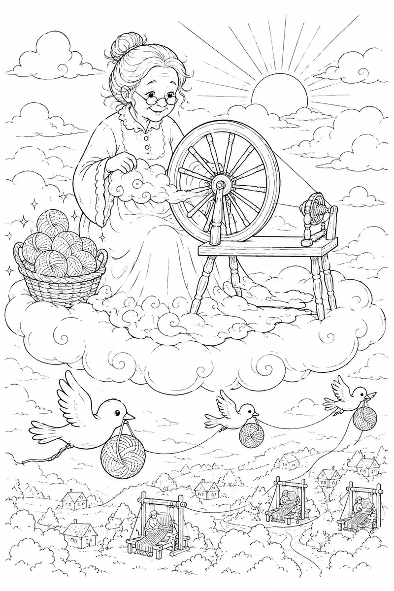 Ausmalbild einer alten Frau auf einer Wolke, die Wolken zu Garn spinnt