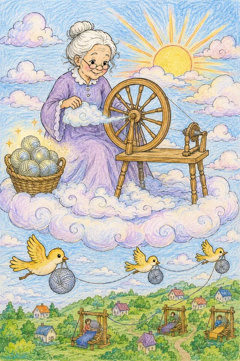 Alte Frau spinnt Wolken zu Garn