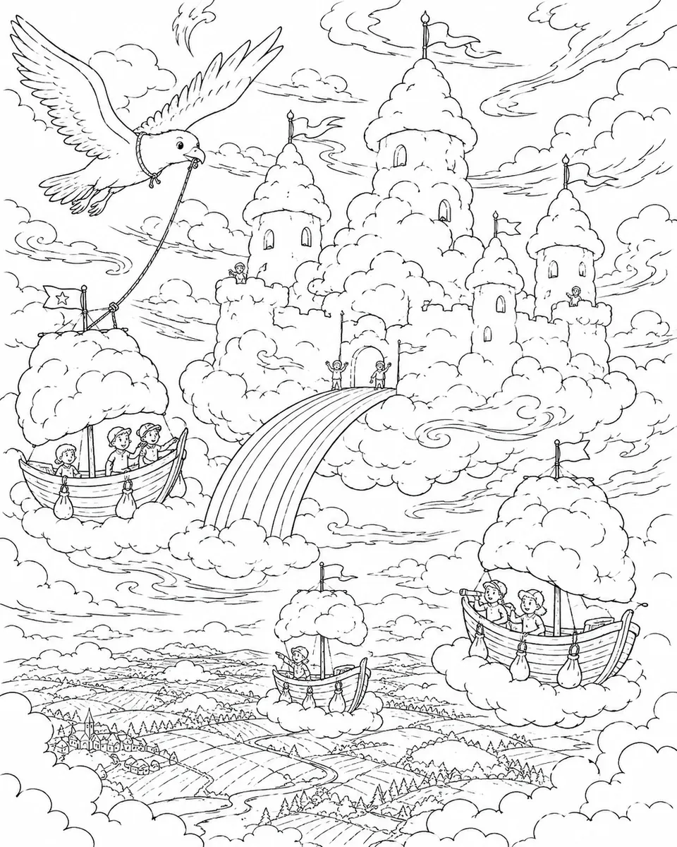 云端城堡三只天空小船靠近的涂色画
